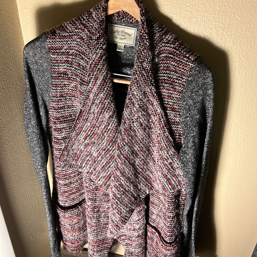 Lucky Brand Women’s Open Shawl Collar Cardigan Color Red/Gray/Black Size Large